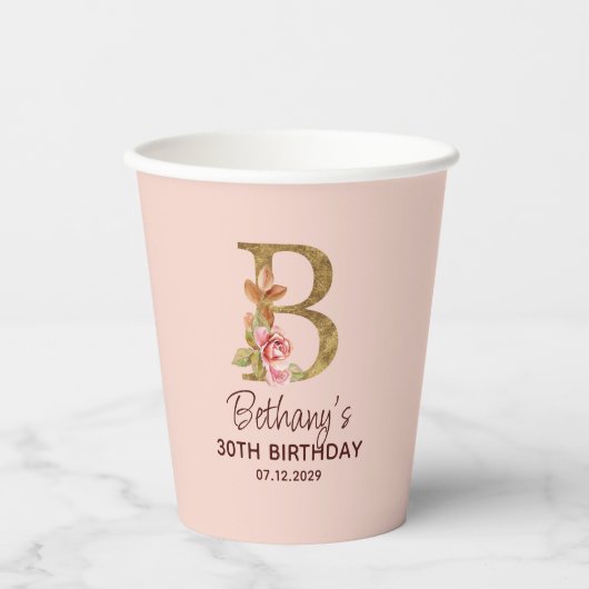 Letter B Gouden Monogram Roze Rozen Papieren Bekers (Voorkant)