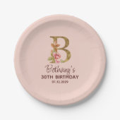 Letter B Gouden Monogram Roze Rozen Papieren Bordje (Voorkant)