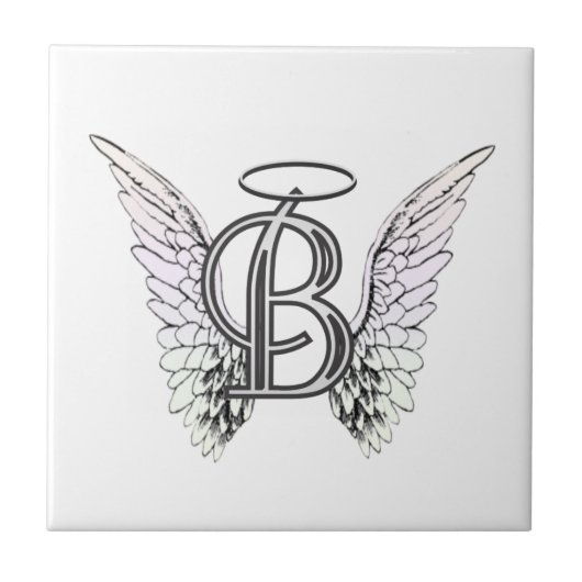 Letter B Initiaal Monogram met Angel Wings & Halo Tegeltje (Voorkant)