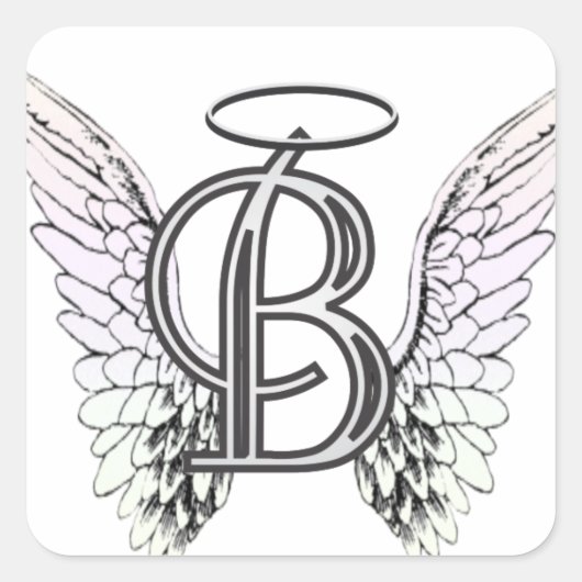 Letter B Initiaal Monogram met Angel Wings & Halo Vierkante Sticker (Voorkant)