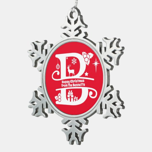 Letter B Monogram Initiaal Familienaam Greep Tin Sneeuwvlok Ornament (Rechts)