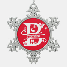 Letter B Monogram Initiaal Familienaam Greep Tin Sneeuwvlok Ornament