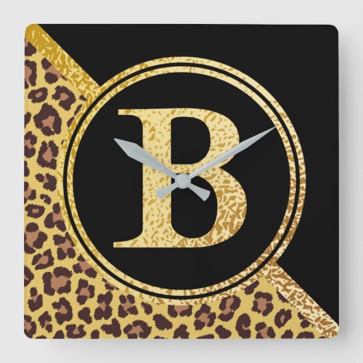 Letter B Monogram Leopard Print Gold and Black Vierkante Klok (Voorkant)