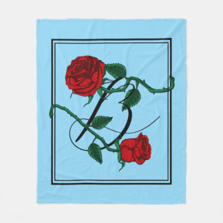 Letter B Monogram met Rode Rozen Babyblauw Fleece Deken