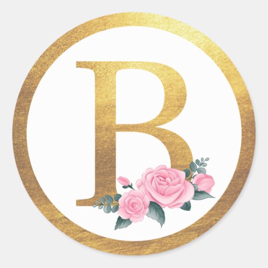 Letter B Monogram Roze Rozen Bloemen & Elegant Gou Ronde Sticker (Voorkant)