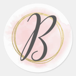 Letter B Monogram Roze Waterverf Goud Chic Ronde Sticker