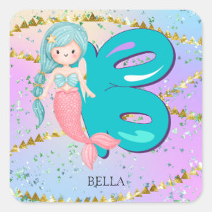 Letter B Monogram Waterverf Cute Mermaid Nursery Vierkante Sticker