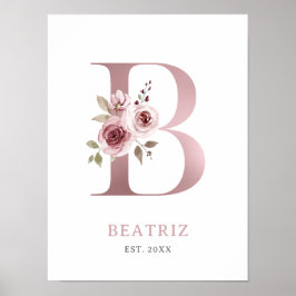Letter B Monogram Waterverf Roos Bloemen Kinderkam Poster