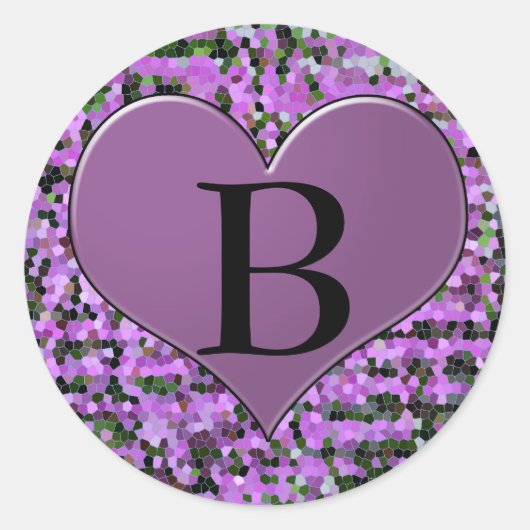 Letter 'B' op paarse hart ronde sticker (Voorkant)