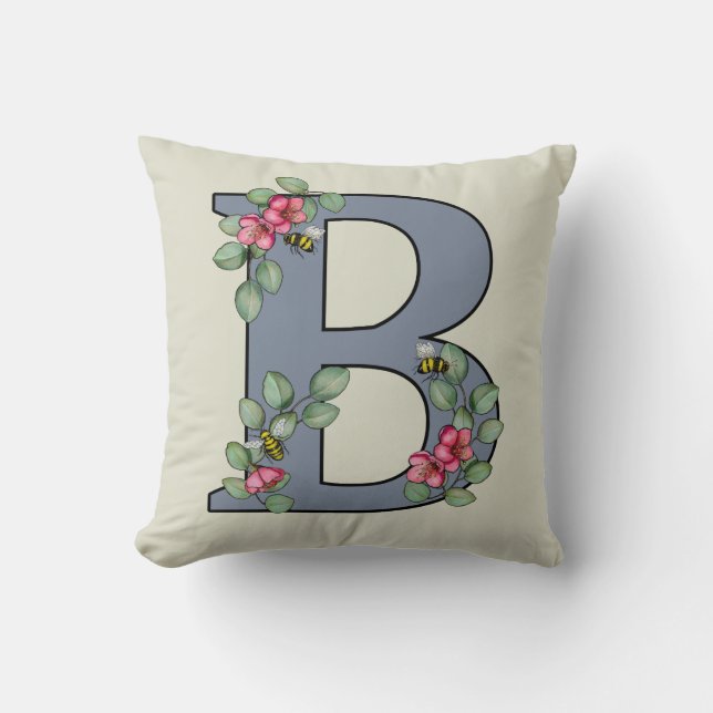 Letter B Versierd Initiaal Bijen en Bloemen Kussen (Voorkant)