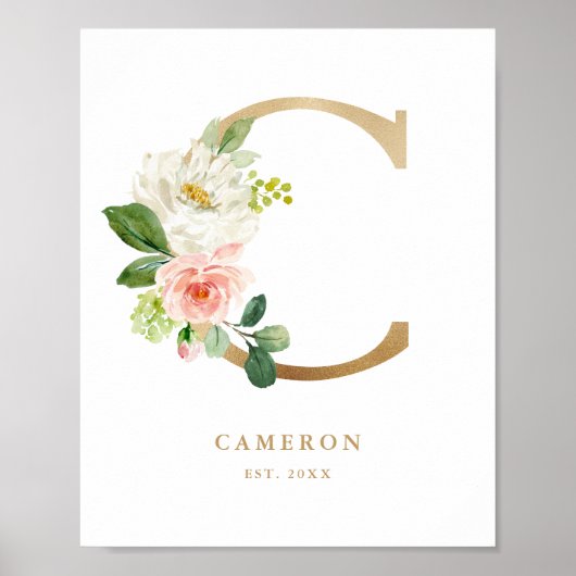 Letter C Blush Floral Monogram Gold Foil Nursery Poster (Voorkant)