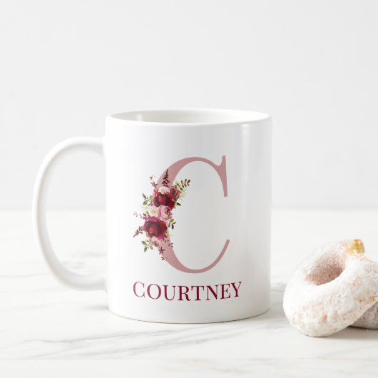Letter C bordeauxroze bloemen Koffiemok (Met donut)