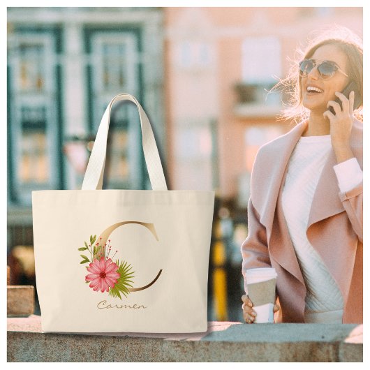 Letter C Elegant Floral Gold Monogram Grote Tote Bag