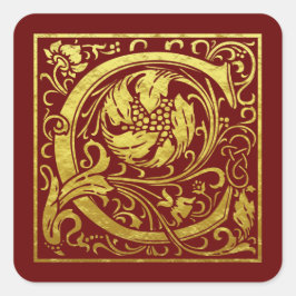 Letter C First Letter Faux Gold Red Vierkante Sticker