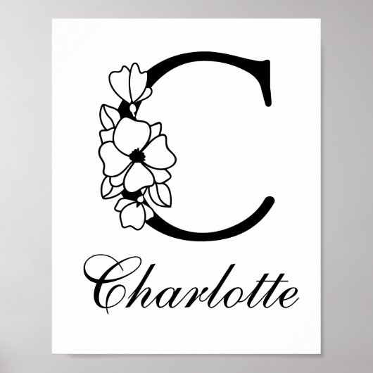 Letter C Floral Modern Zwart Monogram Kwekerij Poster (Voorkant)