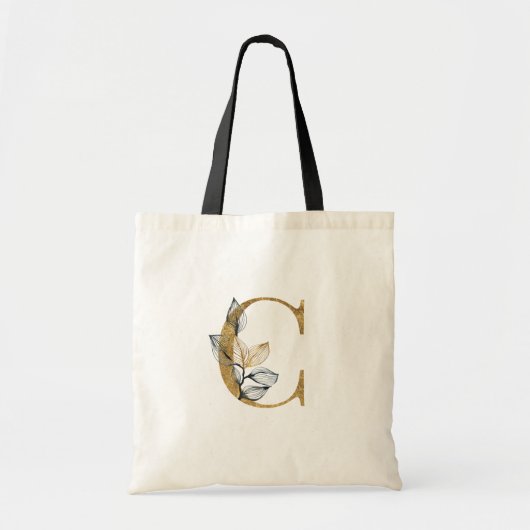 *~* Letter C Gold Monogram Initial Black Leaves Tote Bag (Voorkant)