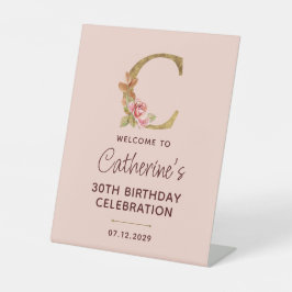Letter C Gouden Monogram Roze Rozen Bord Reclamebord Met Voetstuk