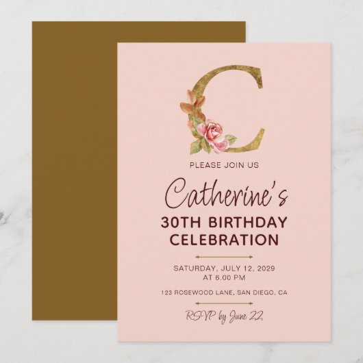 Letter C Gouden Monogram Roze Rozen Kaart (Voorkant / Achterkant)