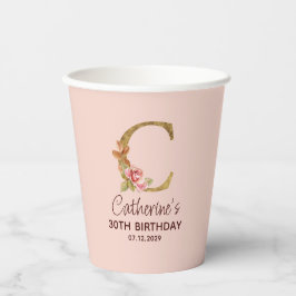 Letter C Gouden Monogram Roze Rozen Papieren Bekers