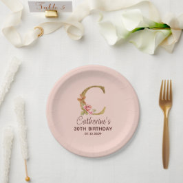 Letter C Gouden Monogram Roze Rozen Papieren Bordje