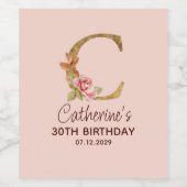 Letter C Gouden Monogram Roze Rozen Wijn Etiket (Enkel label)