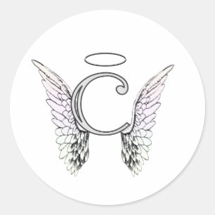 Letter C Initiaal Monogram met Angel Wings & Halo Ronde Sticker