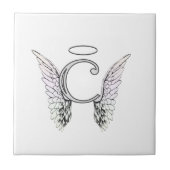 Letter C Initiaal Monogram met Angel Wings & Halo Tegeltje (Voorkant)