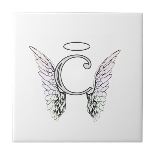 Letter C Initiaal Monogram met Angel Wings & Halo Tegeltje (Voorkant)