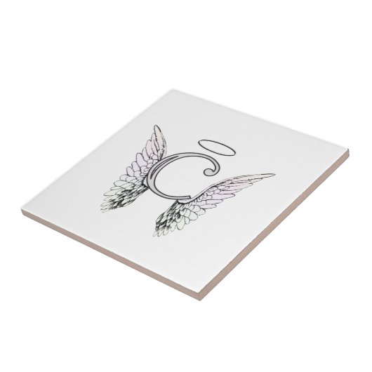 Letter C Initiaal Monogram met Angel Wings & Halo Tegeltje (Zijkant)