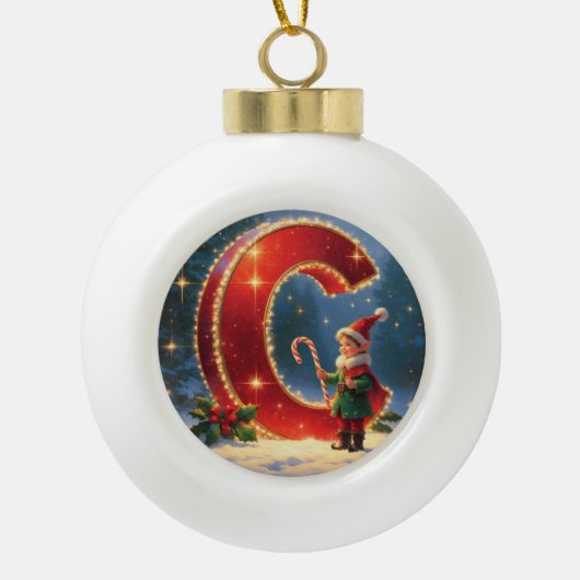 Letter C Kerst Kerststok Persoonlijke Initiaal Keramische Bal Ornament (Voorkant)