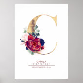Letter C Monogram Florale Navyblauw en Bordeauxroo Poster (Voorkant)