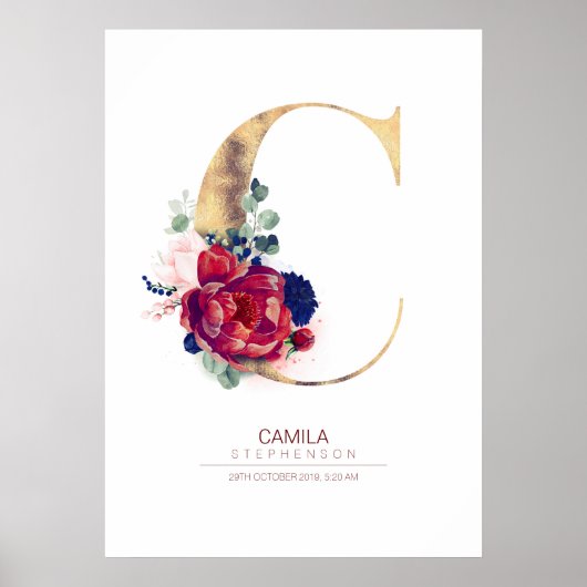 Letter C Monogram Florale Navyblauw en Bordeauxroo Poster (Voorkant)