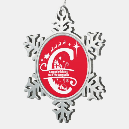 Letter C Monogram Initiaal Familienaam Greeting Tin Sneeuwvlok Ornament (Rechts)