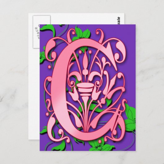 Letter C Monogram Initiaal op roze Paarse kaarten (Voorkant / Achterkant)