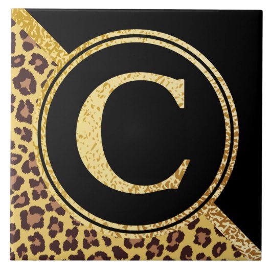 Letter C Monogram luipaard afdrukken Gold en zwart Tegeltje (Voorkant)