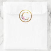 Letter C Monogram Roze Rozen Bloemen & Elegant Gou Ronde Sticker (Tas)