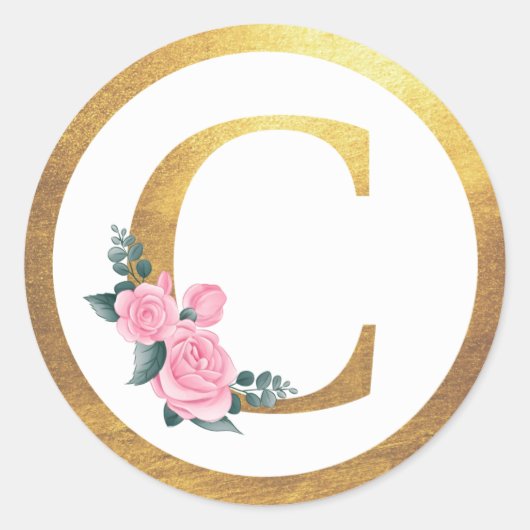 Letter C Monogram Roze Rozen Bloemen & Elegant Gou Ronde Sticker (Voorkant)