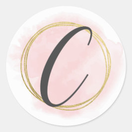 Letter C Monogram Roze Waterverf Goud Chic Ronde Sticker