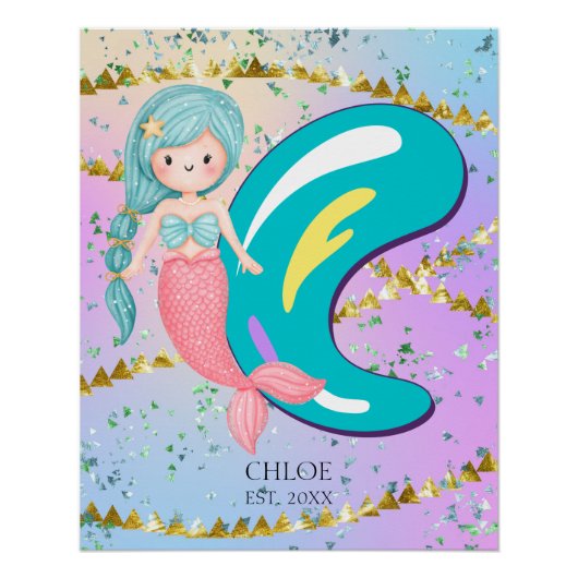 Letter C Monogram Waterverf Cute Mermaid Nursery Perfect Poster (Voorkant)