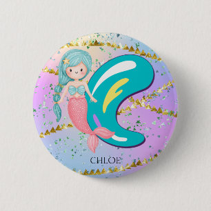 Letter C Monogram Waterverf Cute Mermaid Nursery Ronde Button 5,7 Cm
