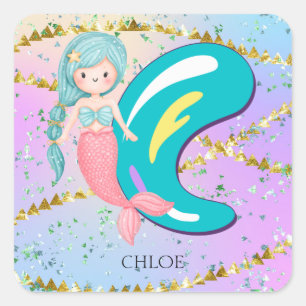 Letter C Monogram Waterverf Cute Mermaid Nursery Vierkante Sticker
