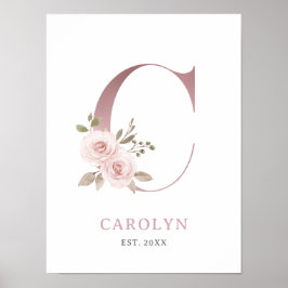 Letter C Monogram Waterverf Roos Bloemen Kwekerij Poster