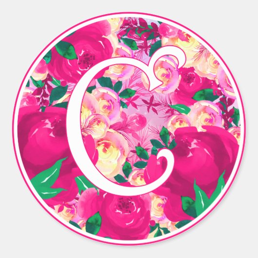 Letter C Roze Waterverf Bloemencirkel Monogram Ronde Sticker (Voorkant)