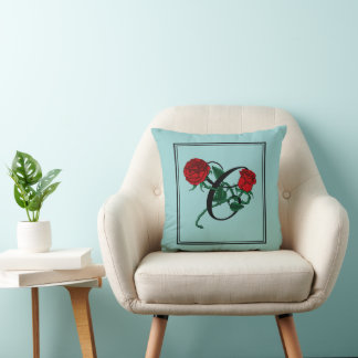Letter C Script Monogram met Rode Rozen Turquoise Kussen