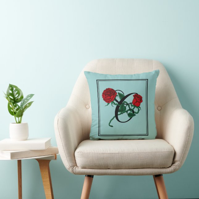 Letter C Script Monogram met Rode Rozen Turquoise Kussen (Stoel)