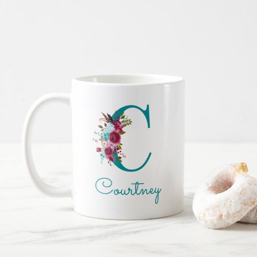 Letter C Turquoise Roze Bloem Koffiemok (Met donut)