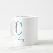 Letter C Turquoise Roze Bloem Koffiemok (Voorkant links)