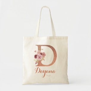 Letter D Blush roze Glitter Bloemen Monogram Tote Bag