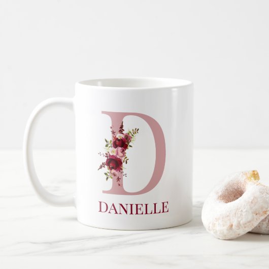 Letter D bordeauxroze bloemen Koffiemok (Met donut)