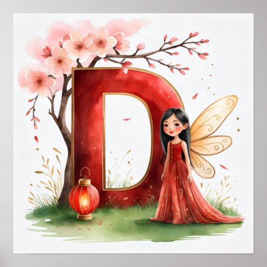  Letter D Chinese Lantern Fairy Poster Nursery Art (Voorkant)